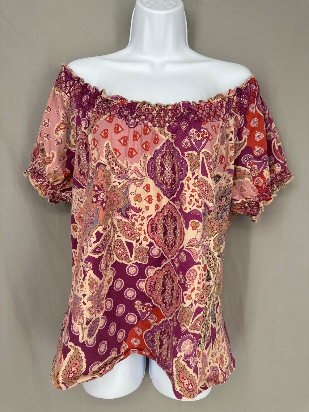 Ralph Lauren Top Women Large Purple Paisley Off Shoulder Floral Cottage Bohemian